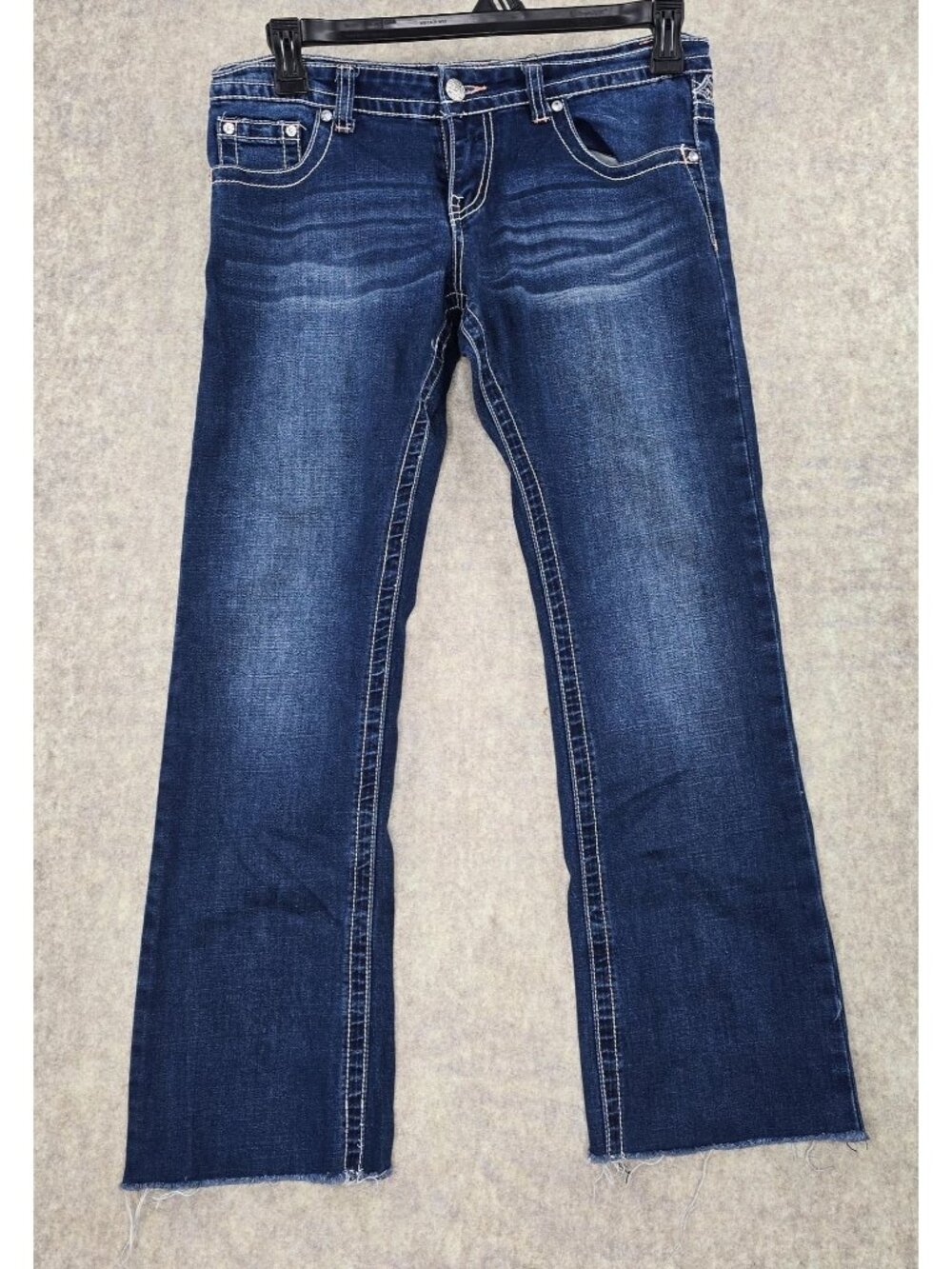 Rue21 Premiere Womens Frayed Hem Denim Bootcut Jeans Blue Embroidered Pockets